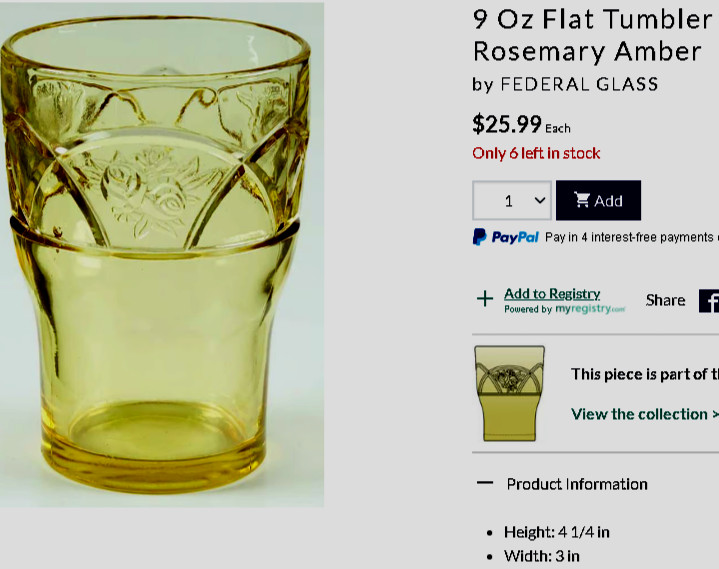 1) Federal ROSEMARY DUTCH ROSE AMBER TUMBLER GLASS 4.25″ 9oz EXC RARE (7 AVAIIL)