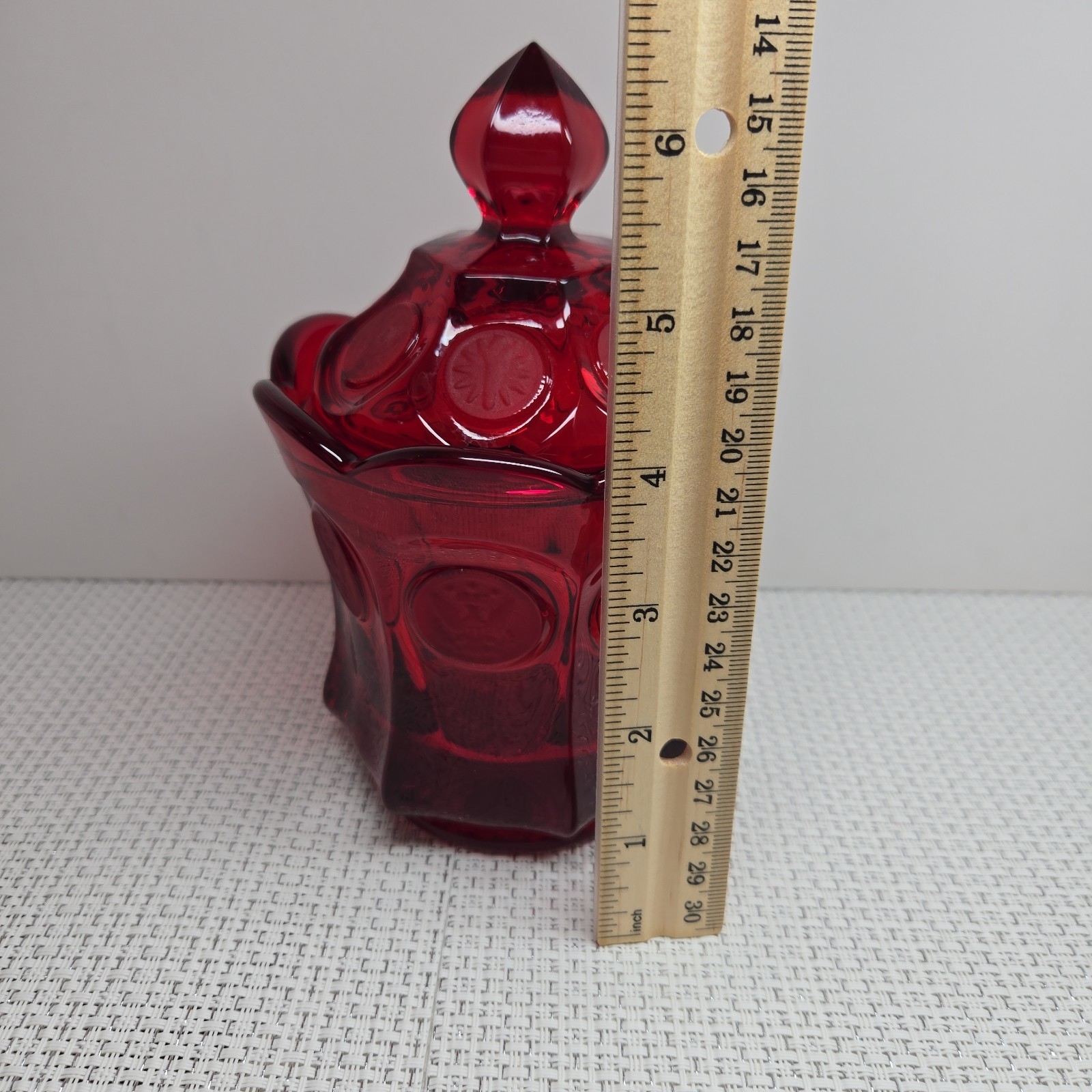 Vintage FOSTORIA Bicentennial Ruby Red Coin Glass Lidded Candy Dish 6.5 in EUC