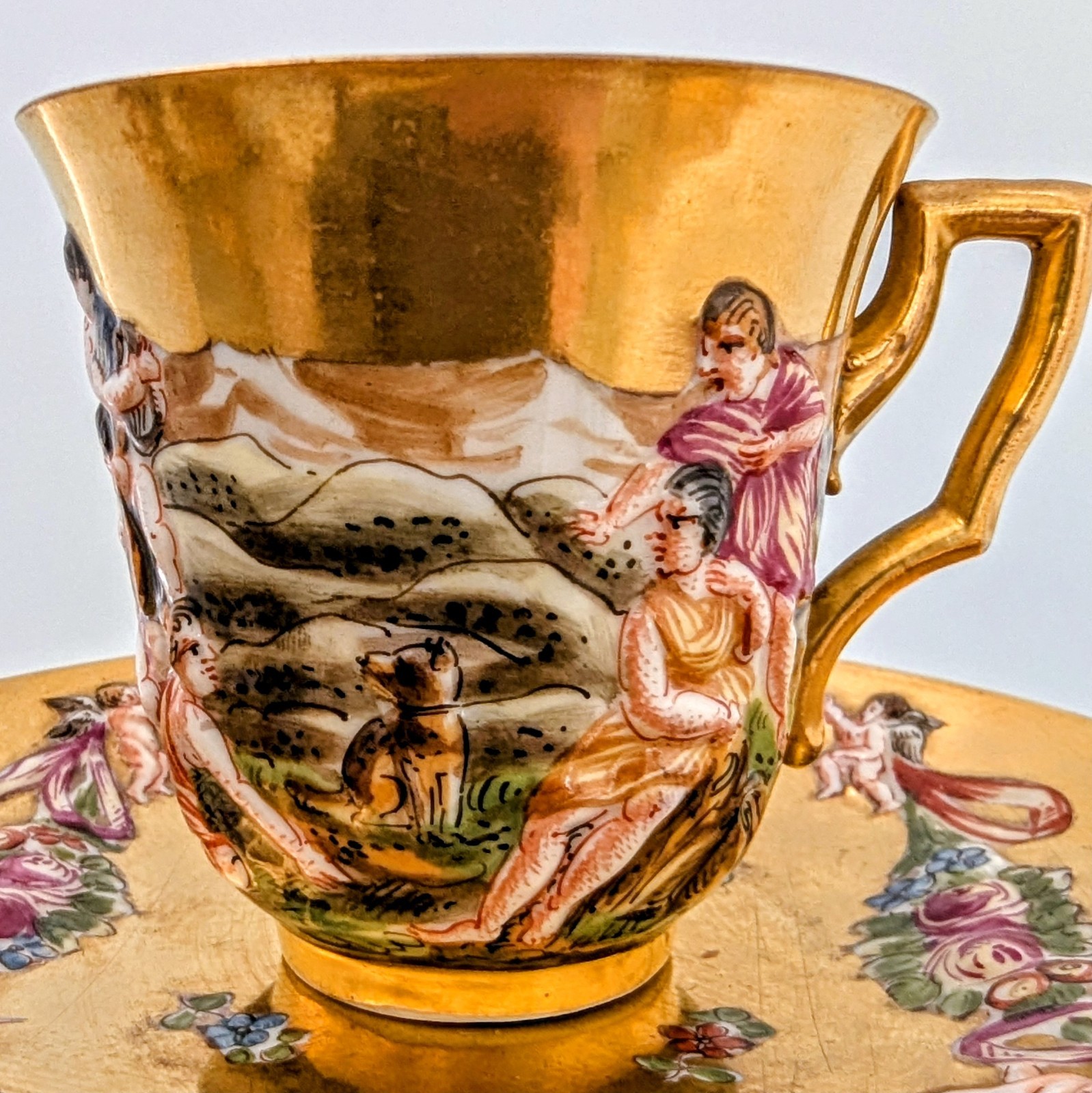 Antique 19th Century Gold Capodimonte Cherub Design Demitasse Cup Saucer N