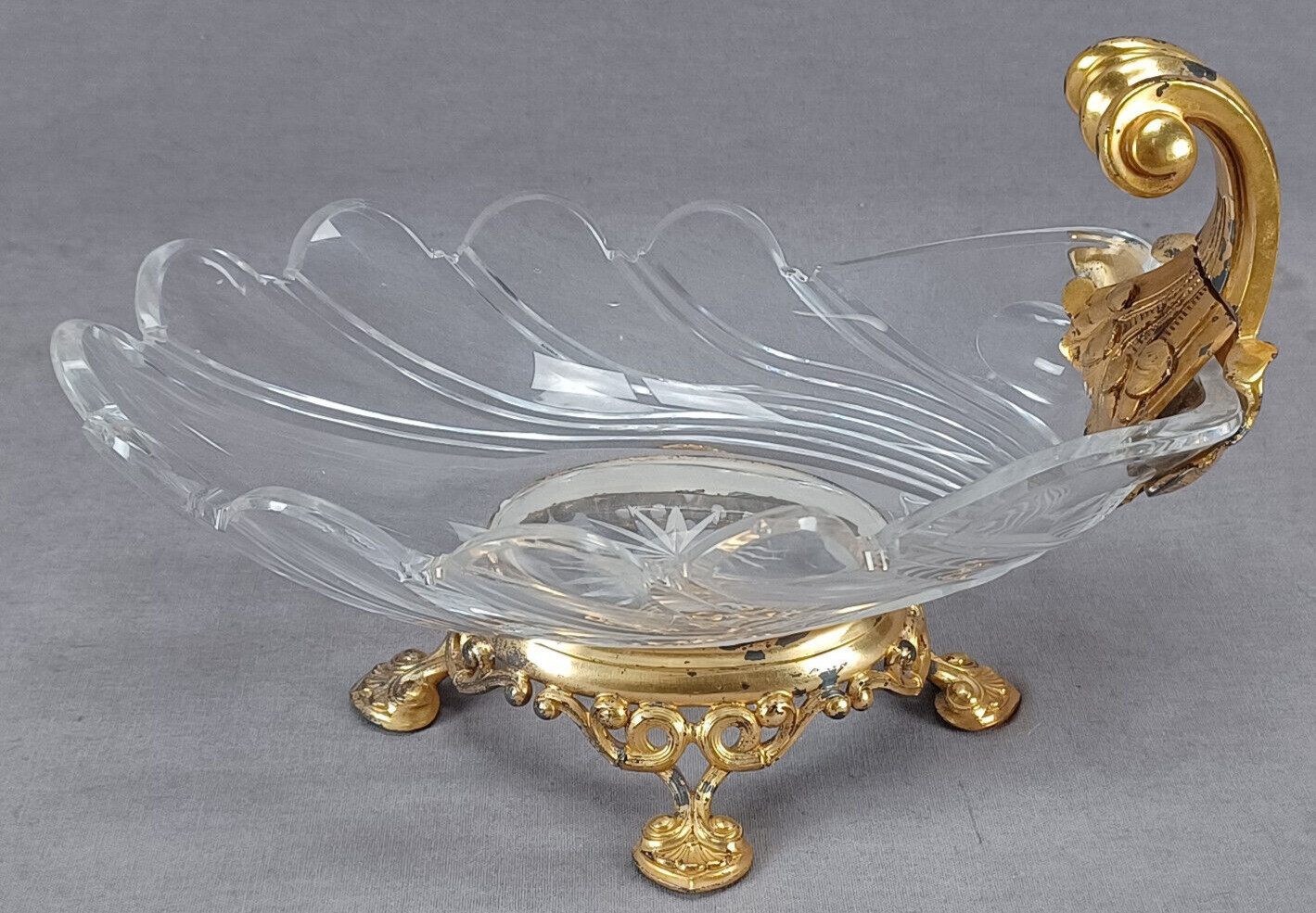 Antique French Cut Glass & Gilt Ormolu Neoclassical Shell Bowl Circa 1820s-1840s