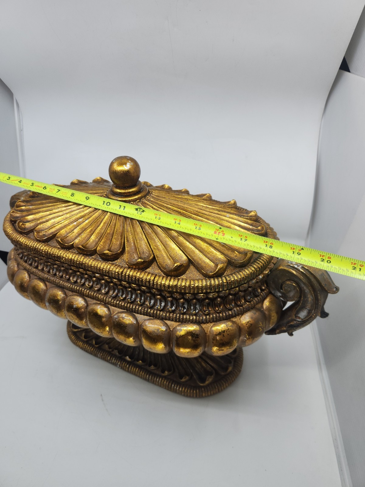 Large Hollywood Regency Gold Covered Tureen Urn Centerpiece Pedestal Bowl 21″