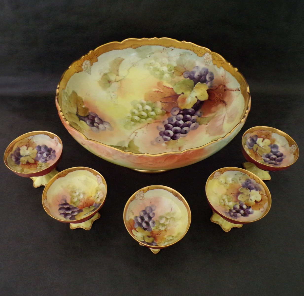 Stunning PICKARD Grape Motif PUNCH BOWL 5 Footed Cups GOLD Artist Signed 1910-12