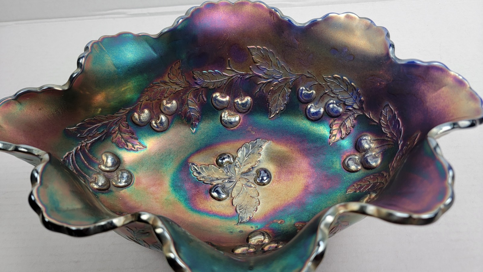 Carnival Glass Dugan WREATHED CHERRY Amethyst Oval Bowl Purple Ruffled Lot Of 3