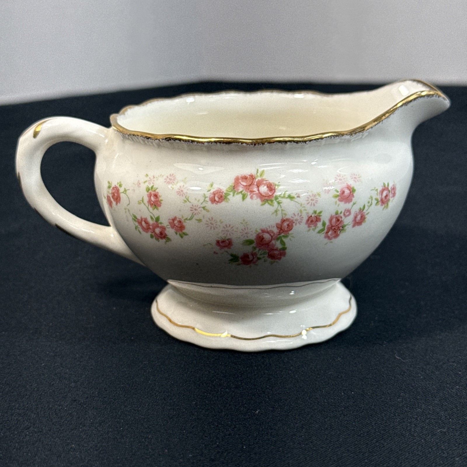 Pope Gosser FLORENCE Creamer & Sugar Pink Rose Garland Scalloped Gold Edge 1944