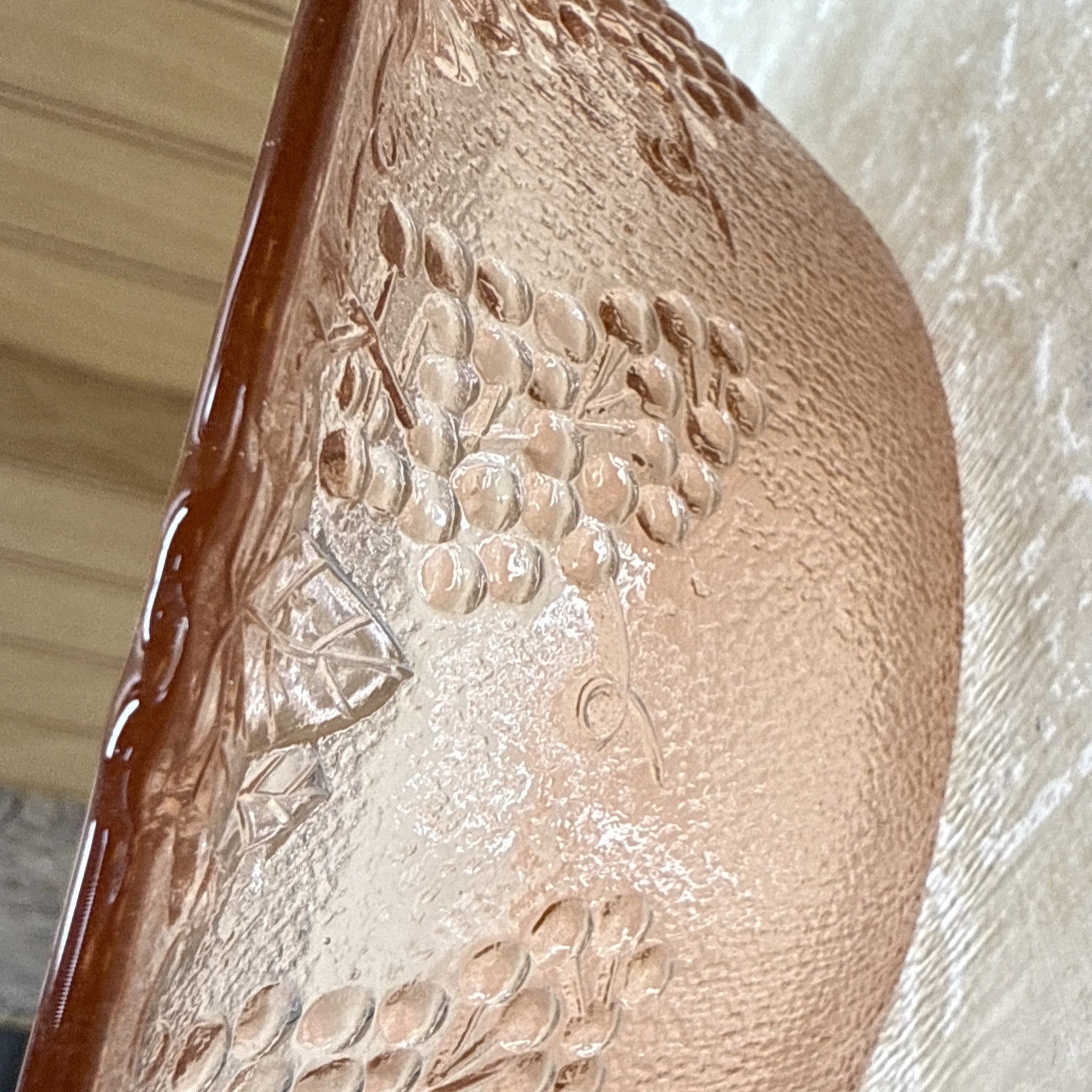 Vintage KIG Indonesia Pink Glass Grape & Leaf Embossed Dessert Bowl