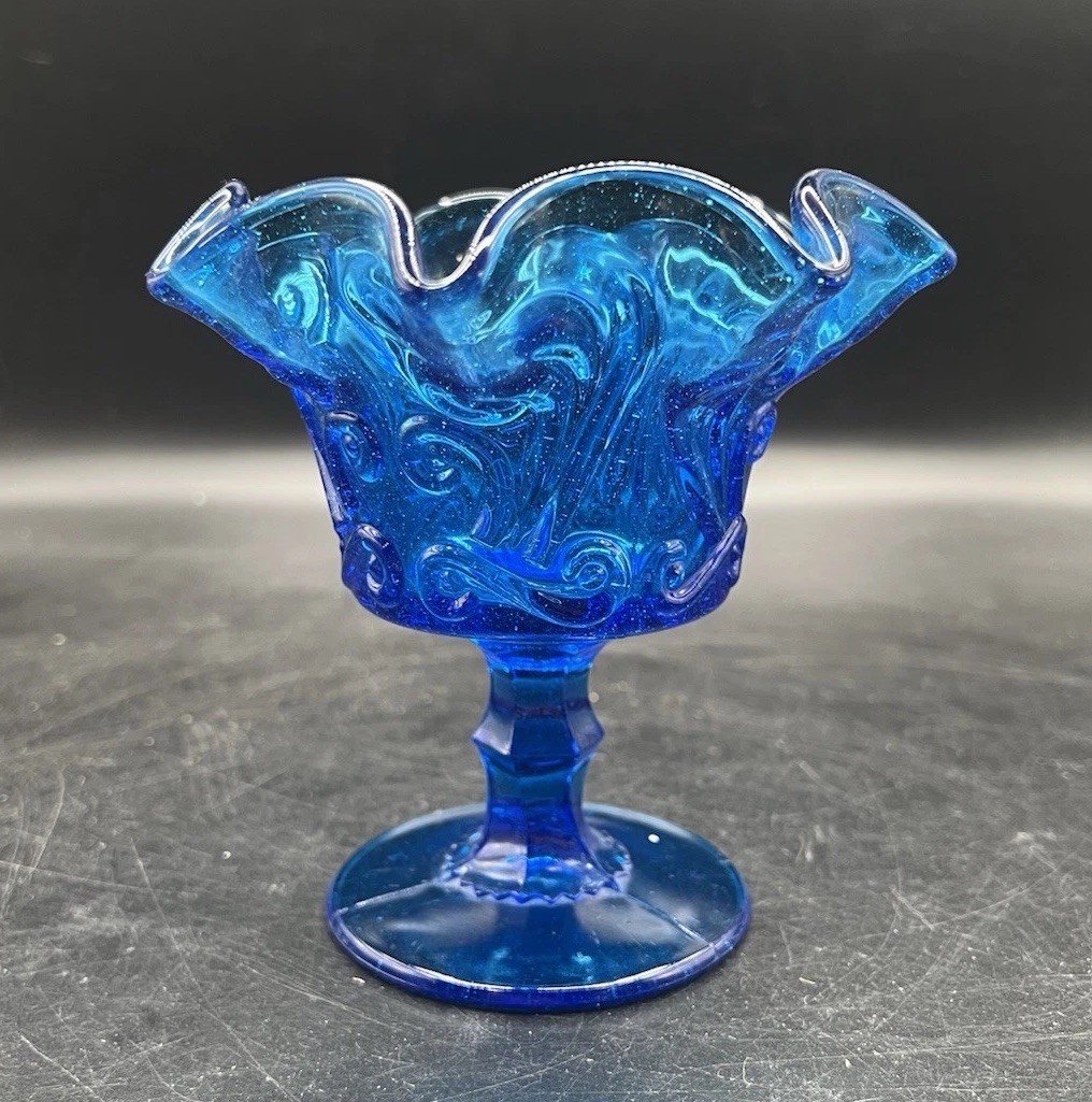 Atterbury Compote Bowl Blue Scroll Pattern Ruffle Edge Vintage