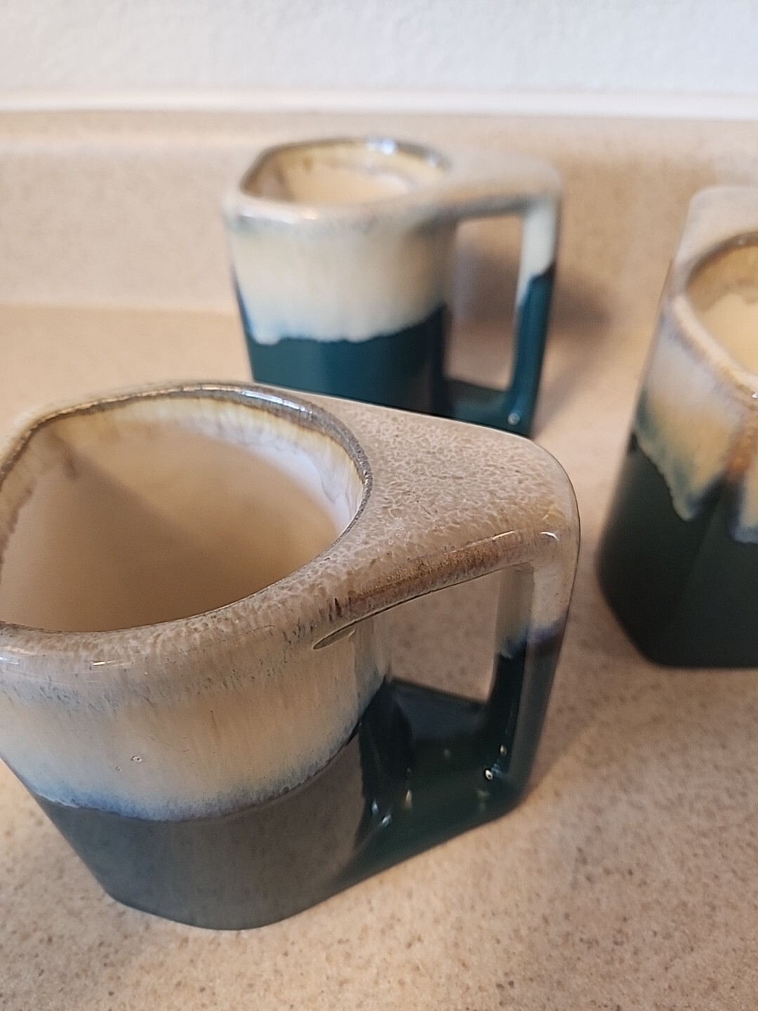 VTG Padilla Signed Stoneware Mugs Blue/Tan Drip Glaze Set of 4 boho