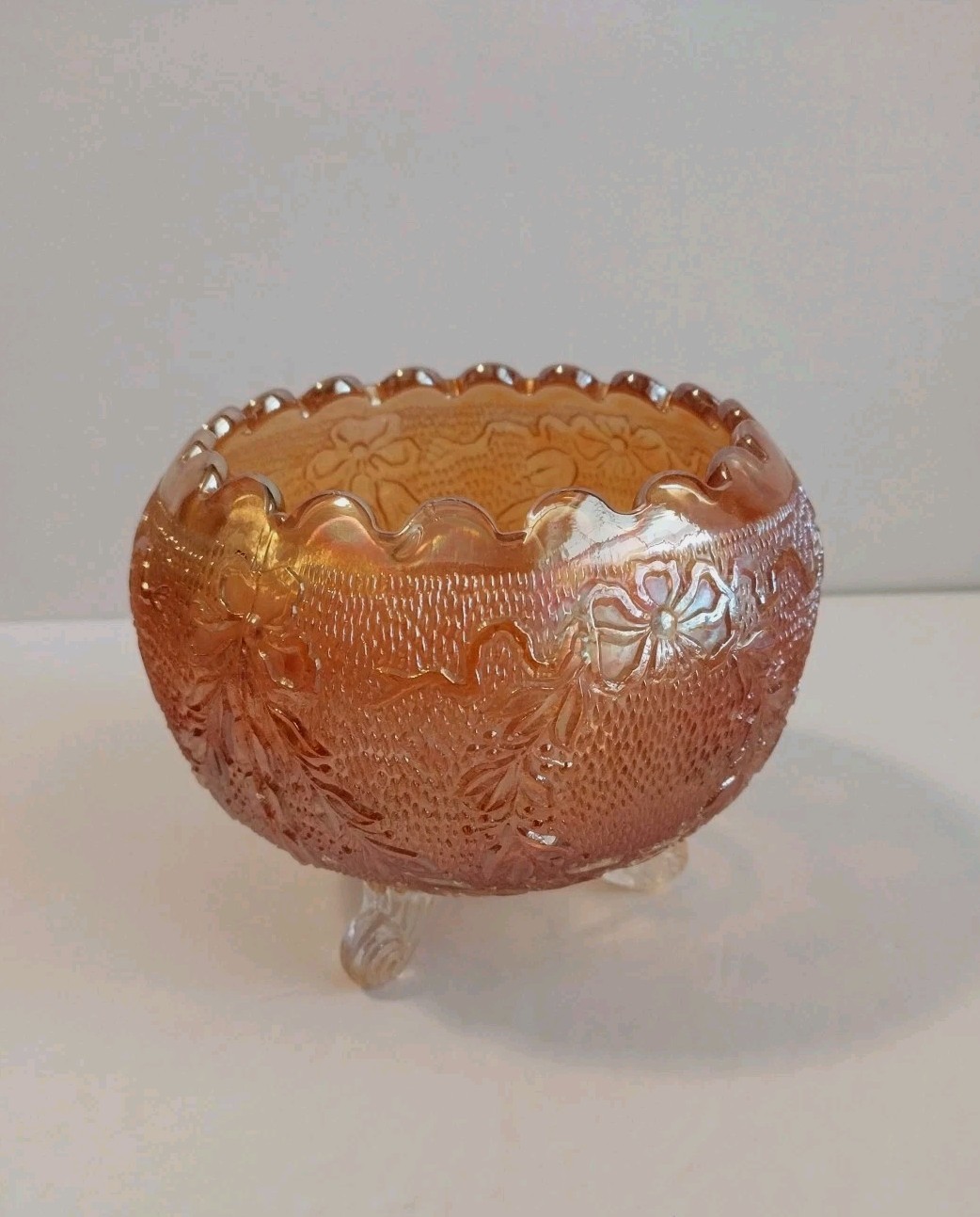 Fenton Marigold Carnival Glass Rose Bowl Garland & Bows 3 Toed