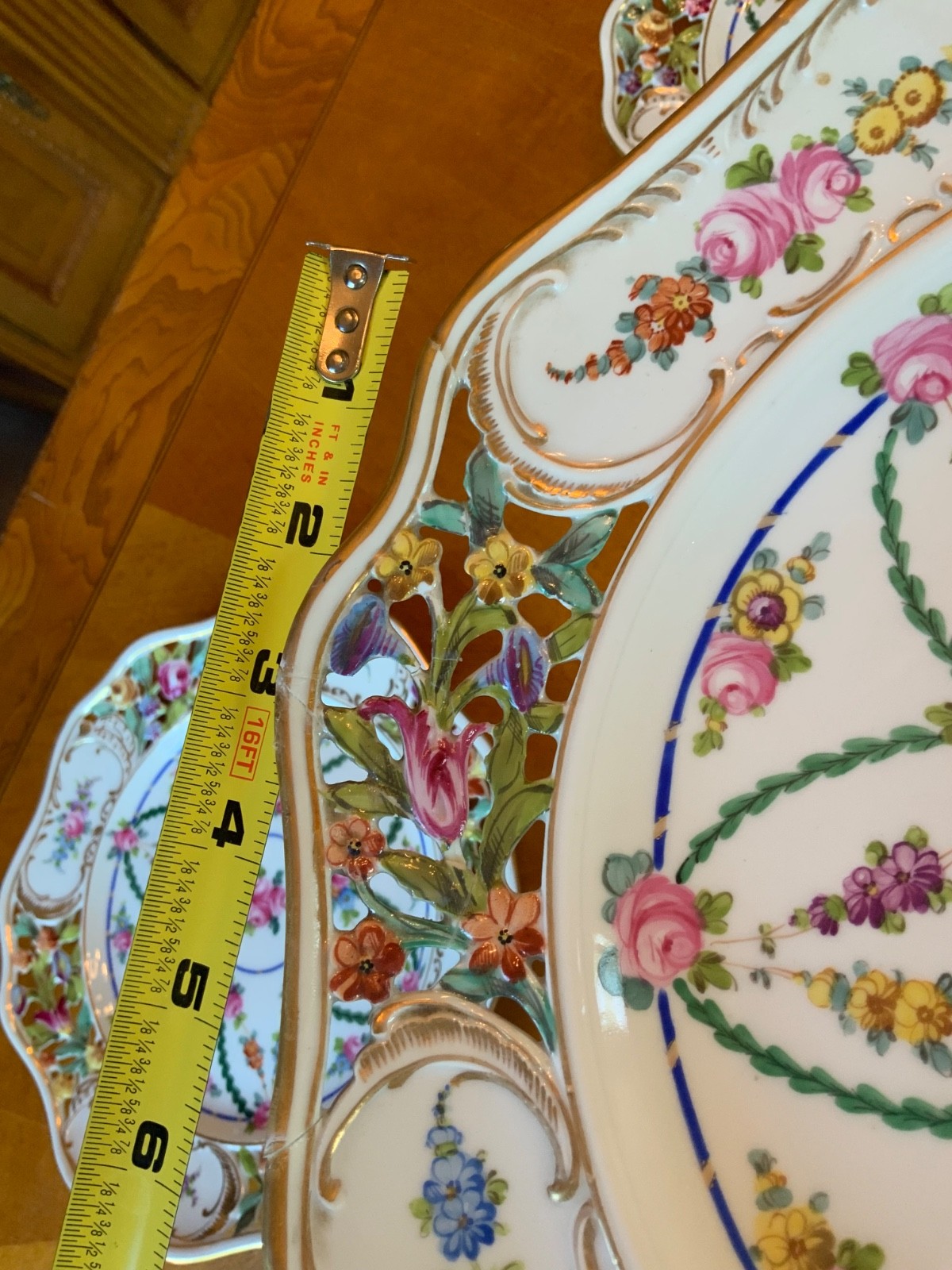 Antique Carl Thieme Dresden Basketweave Dessert Service – 8 Plates & Compote