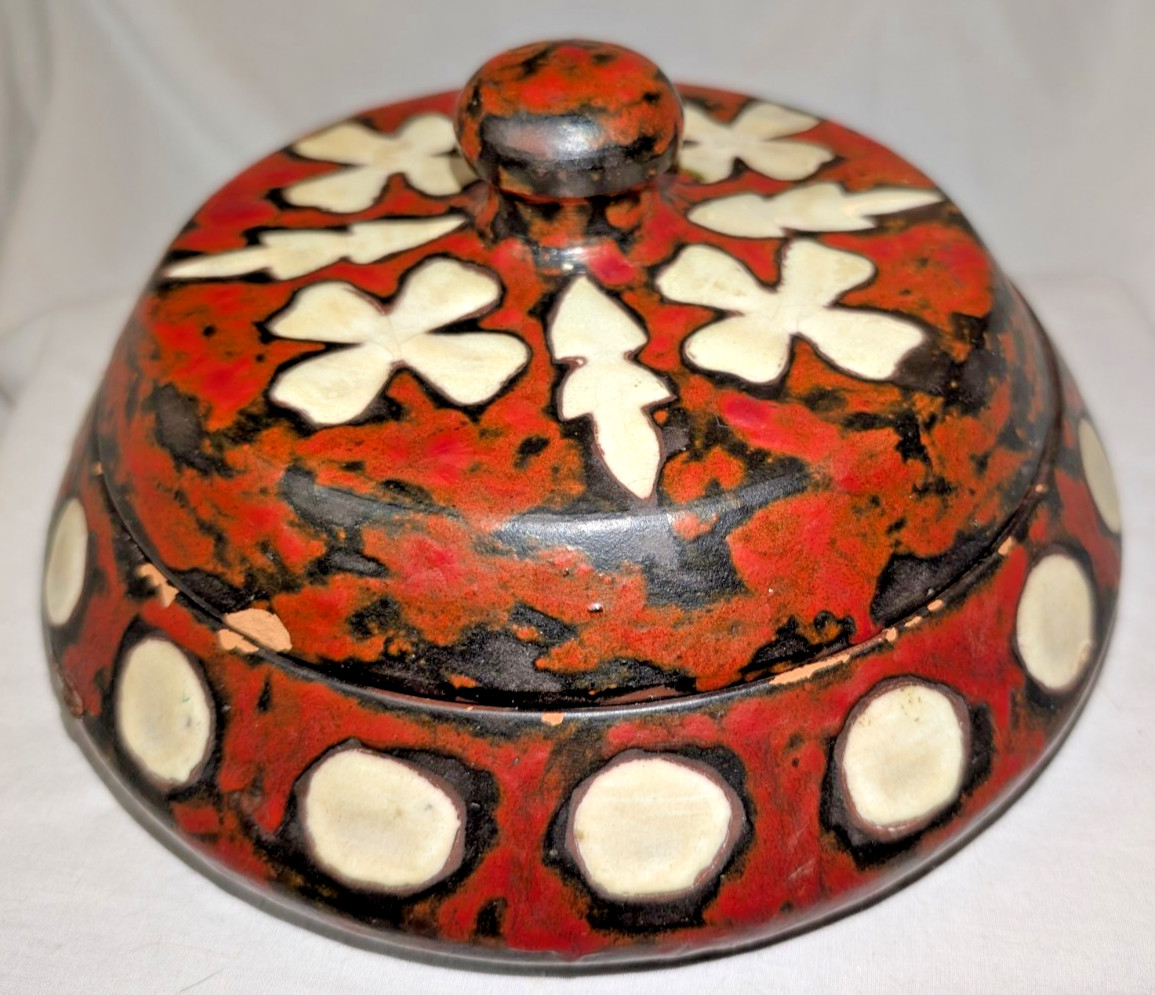Ceramica Jardim Curitiba Red, White & Black Glazed Pot/Container w/ Lid