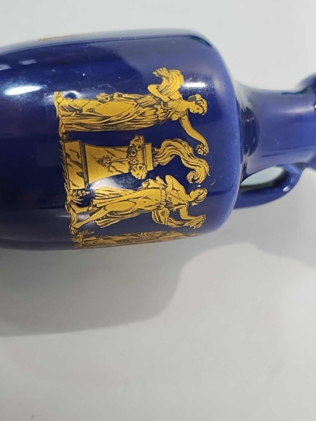 LIMOGES Porcelain Miniature Vase Greek Style Blue/ Gold 4.25” Pitcher w/ Handle