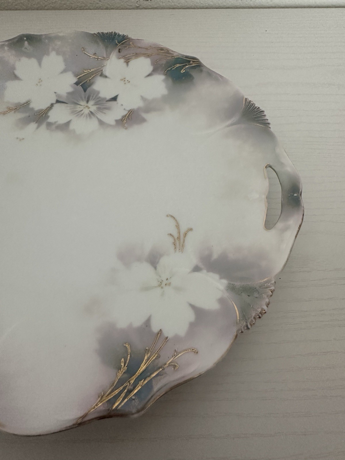 Antique RS Prussia Handled Serving Plate White Floral Gold Scalloped Rim 10
