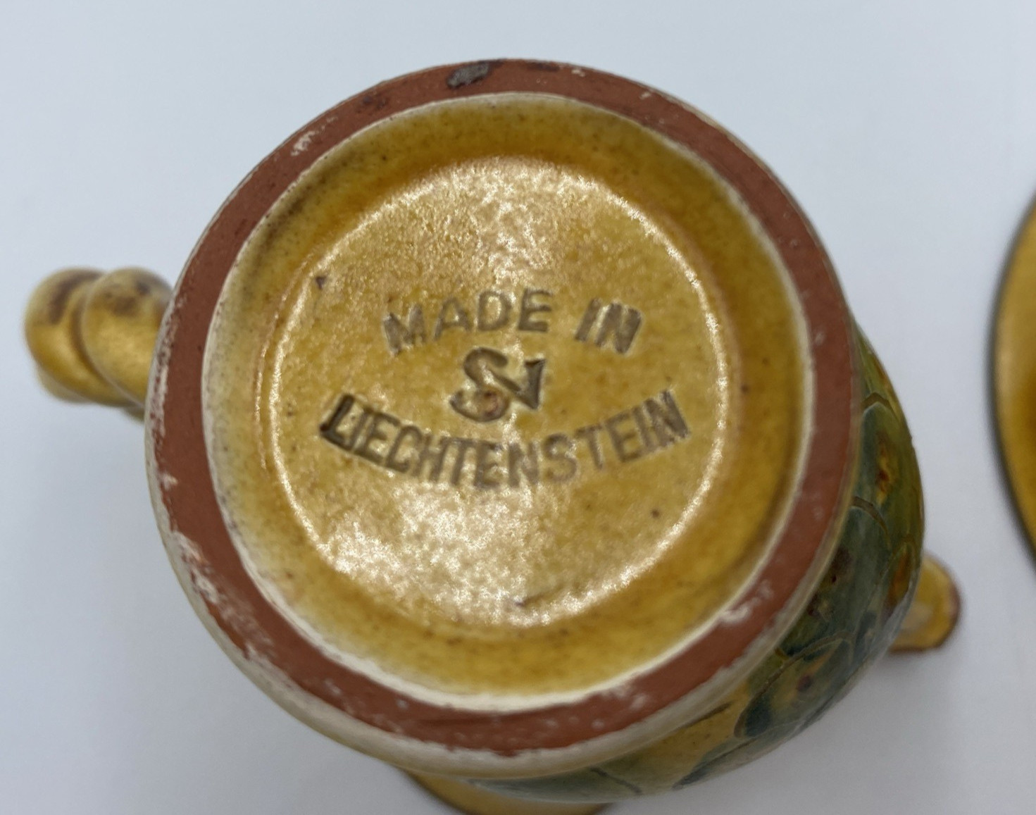 Pottery Creamer/Pitcher & Saucer, Made in SN Liechtenstein, Italian Style, Mini