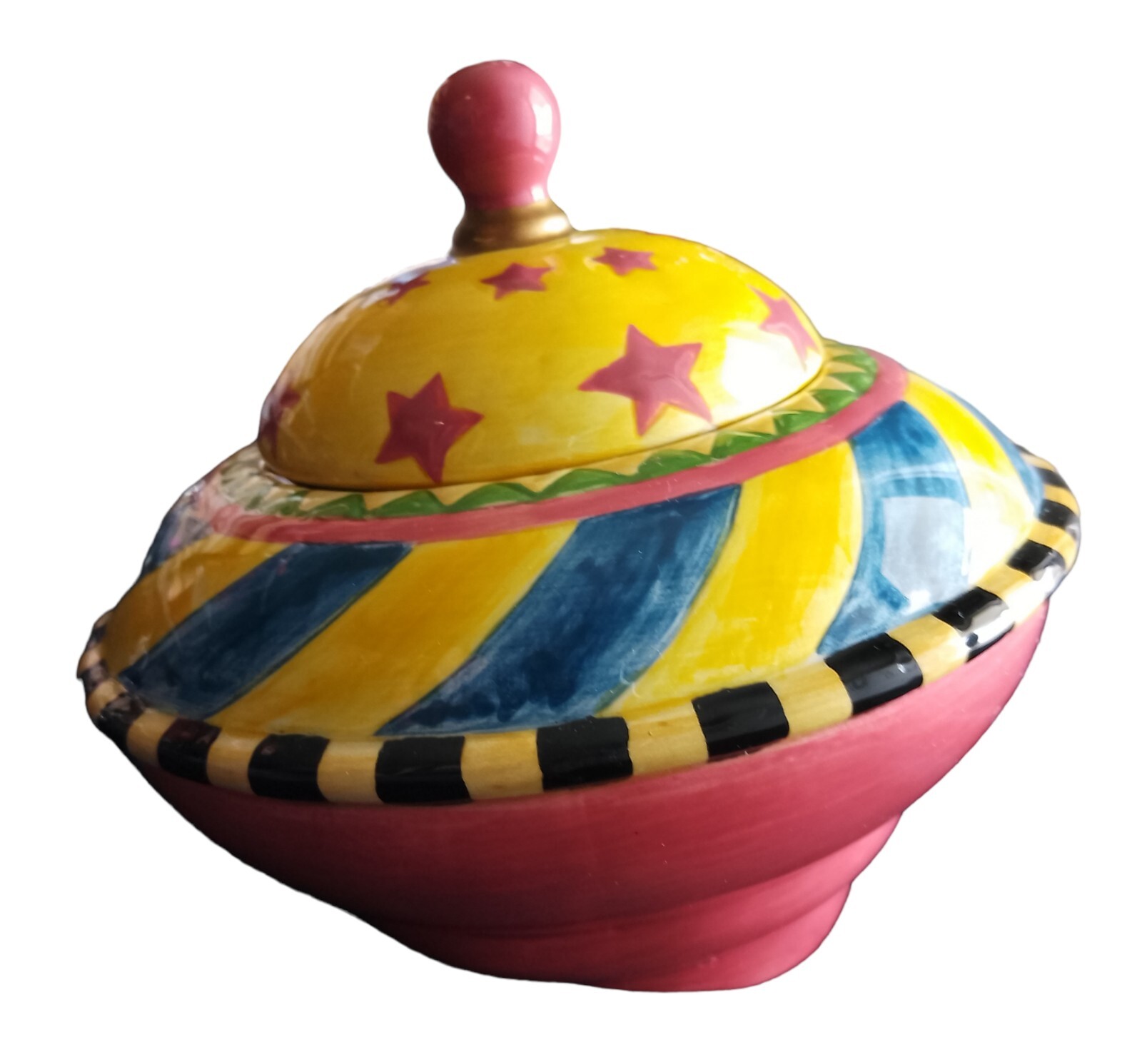 Vintage Vandor China 1997 colorful pottery slanted bowl 5” tall with lid jar