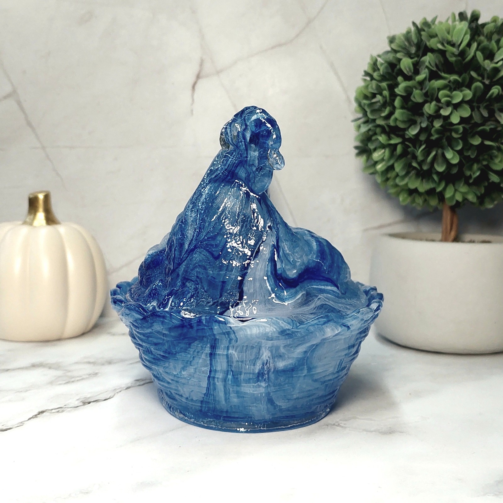 Hen on Nest Chicken Blue Cream Swirl Glass Depression Style Candy Dish, Vintage