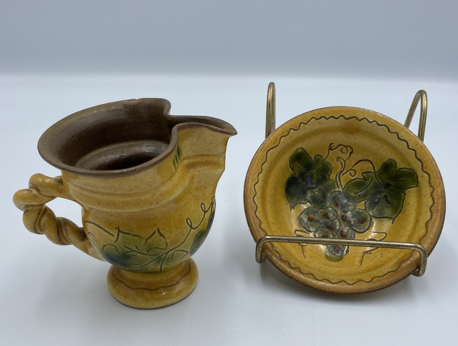 Pottery Creamer/Pitcher & Saucer, Made in SN Liechtenstein, Italian Style, Mini