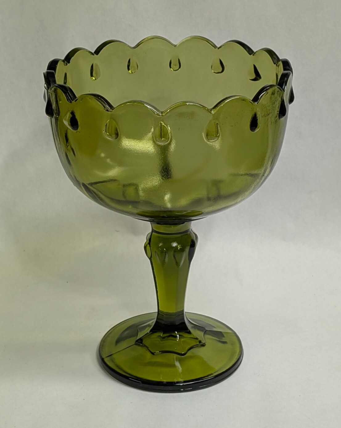 Vintage Indiana Glass Scalloped Olive Green Tear Drop Pedestal Compote Dish 7.5″