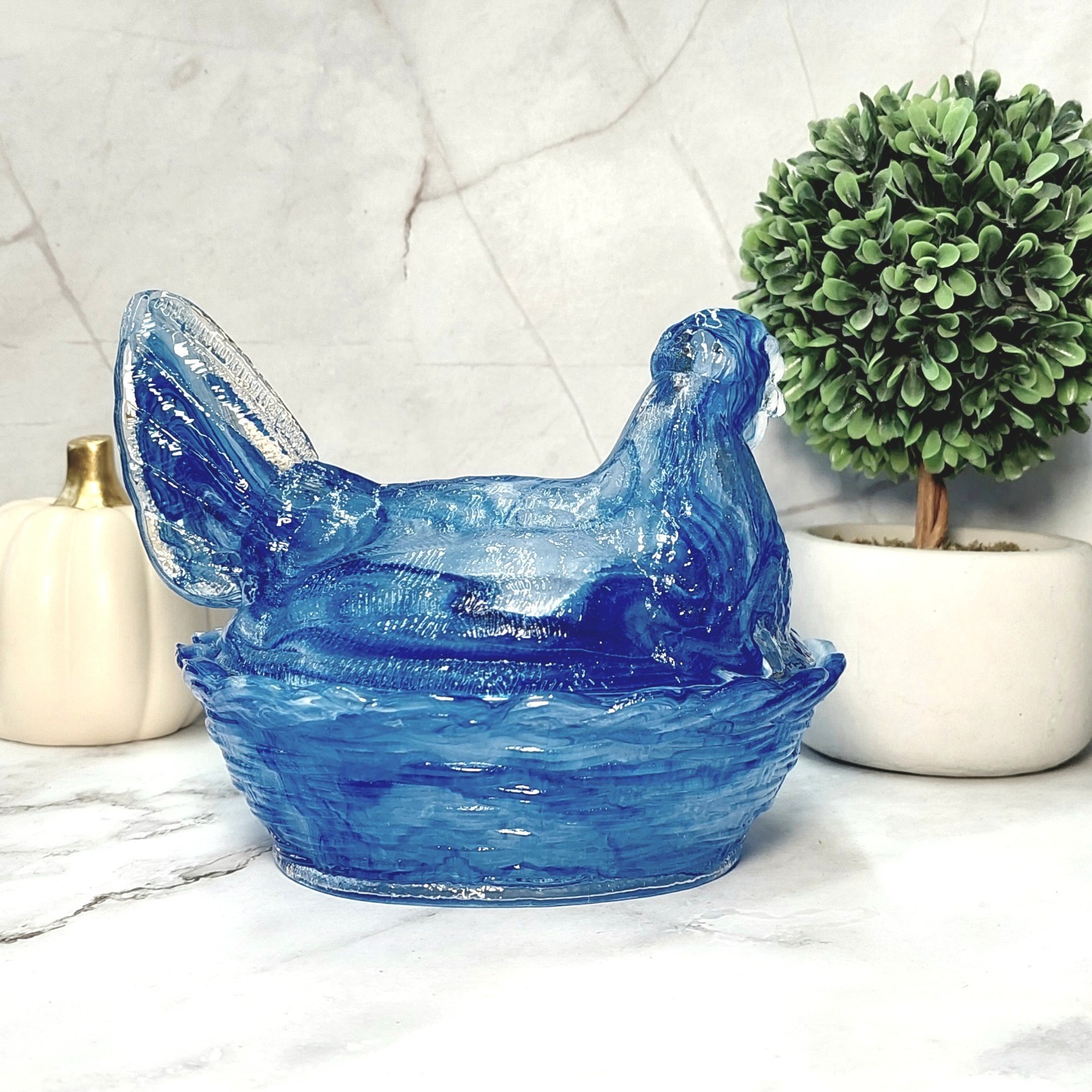 Hen on Nest Chicken Blue Cream Swirl Glass Depression Style Candy Dish, Vintage
