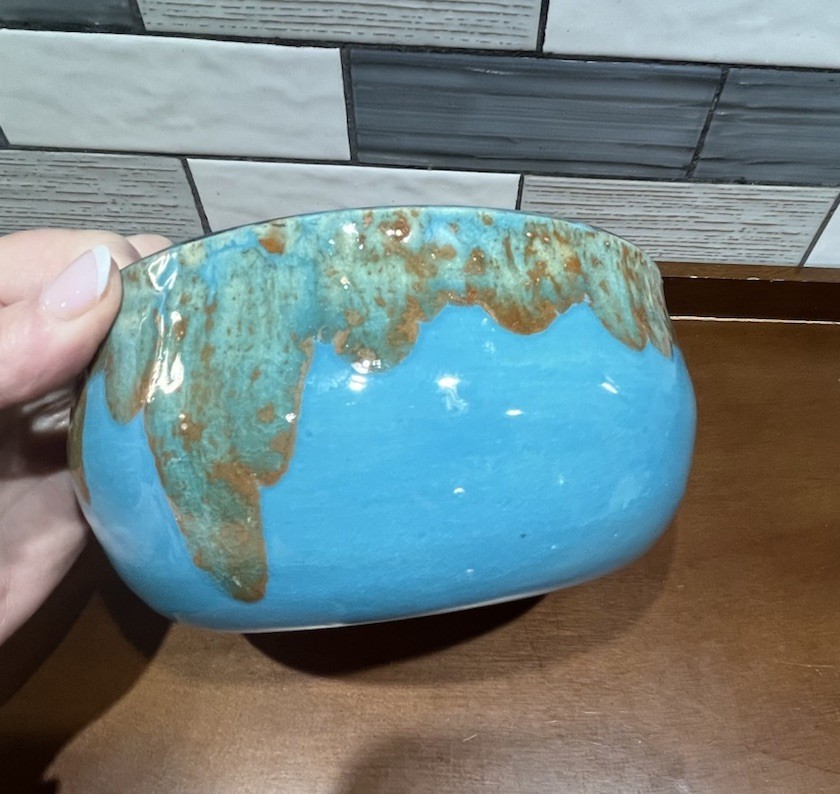 Studio Art Pottery Blue Torquoise Drip Glaze Bowl 6” Stoneware Decor Planter