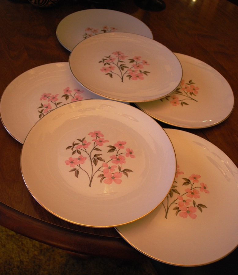 Vintage Set 6 Knowles China PINK DOGWOOD Dinner Plates Gold Rim ‘Kalla’ 1960s