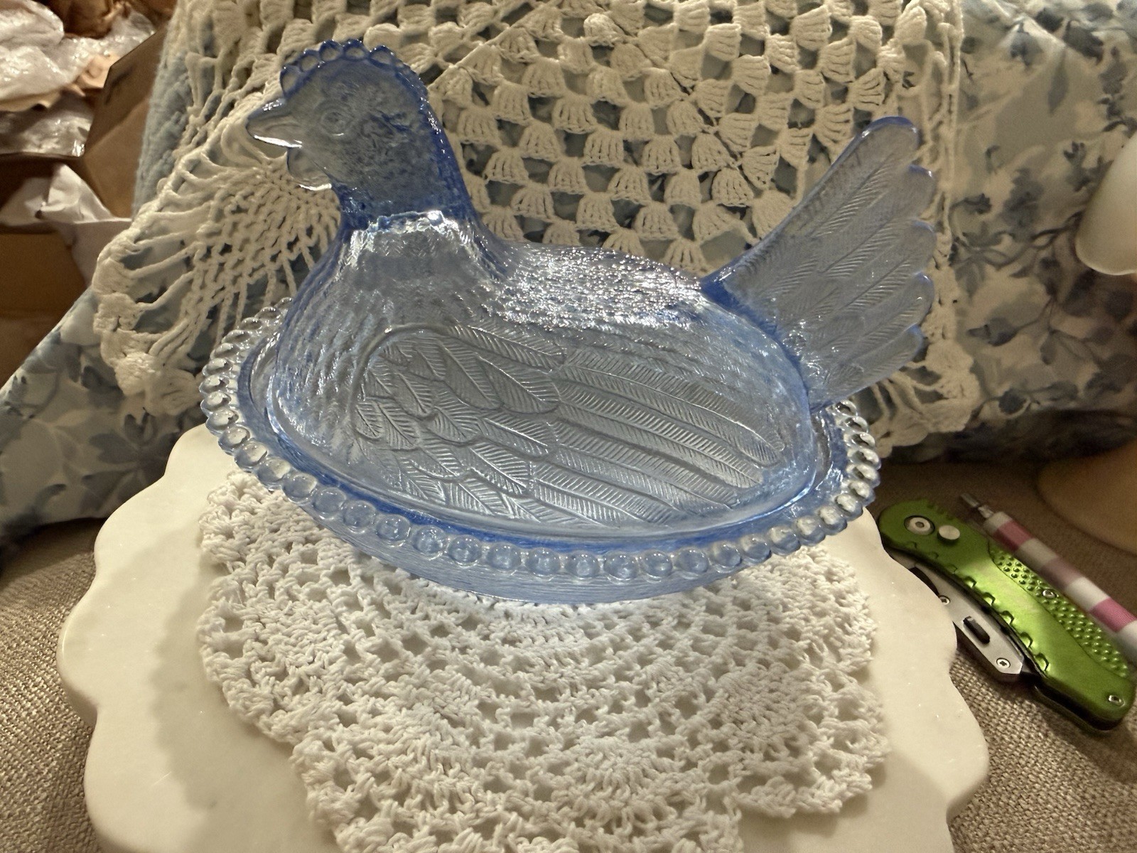 Vintage Indiana Glass Cornflower Blue Hen On A Nest Mint