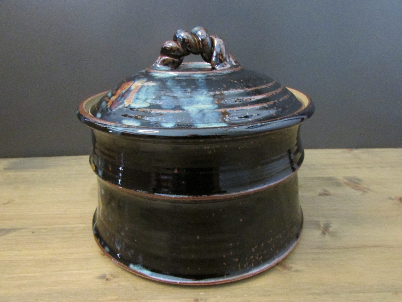Handmade Studio Pottery Covered Serving Dish Black/Blue/Brown Glaze Stoneware