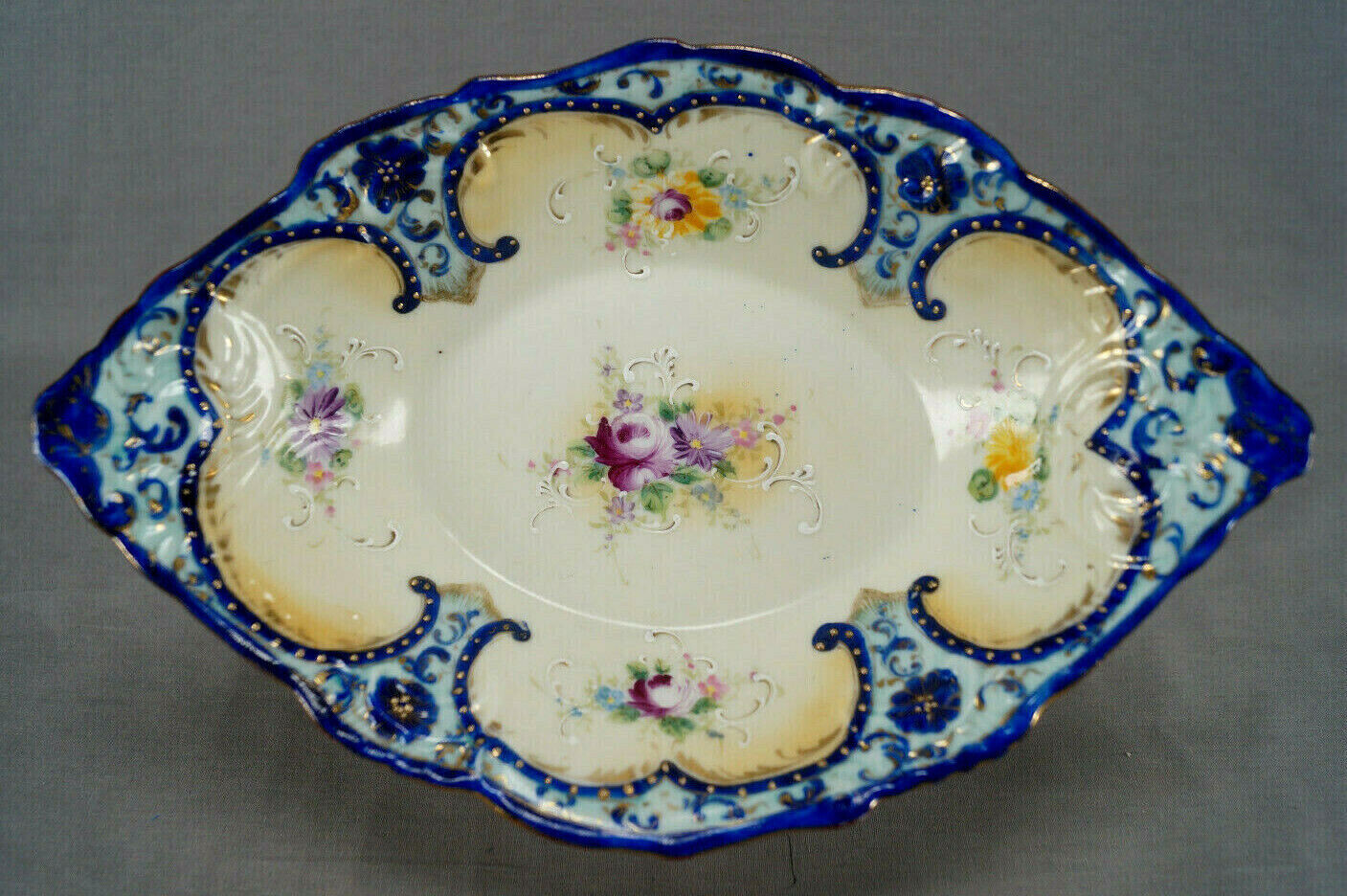 Nippon Hand Painted Floral Cobalt Blue Yellow & Gold Beaded & Scrollwork Bowl