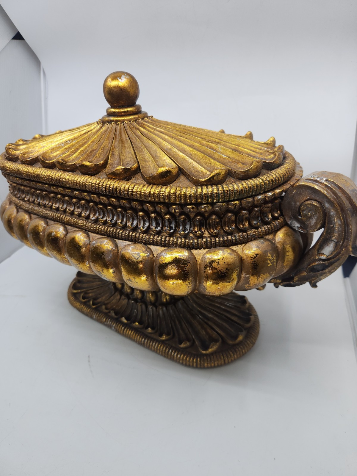 Large Hollywood Regency Gold Covered Tureen Urn Centerpiece Pedestal Bowl 21″