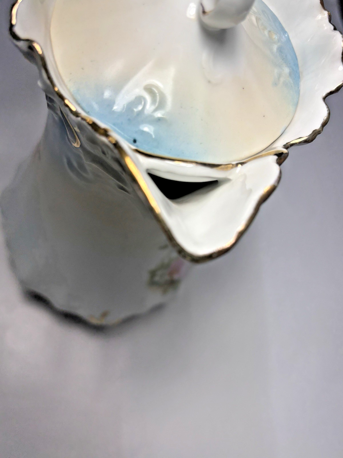 Antique R.S. Prussia Chocolate Pot with Lid Blue with Flowers FB-65