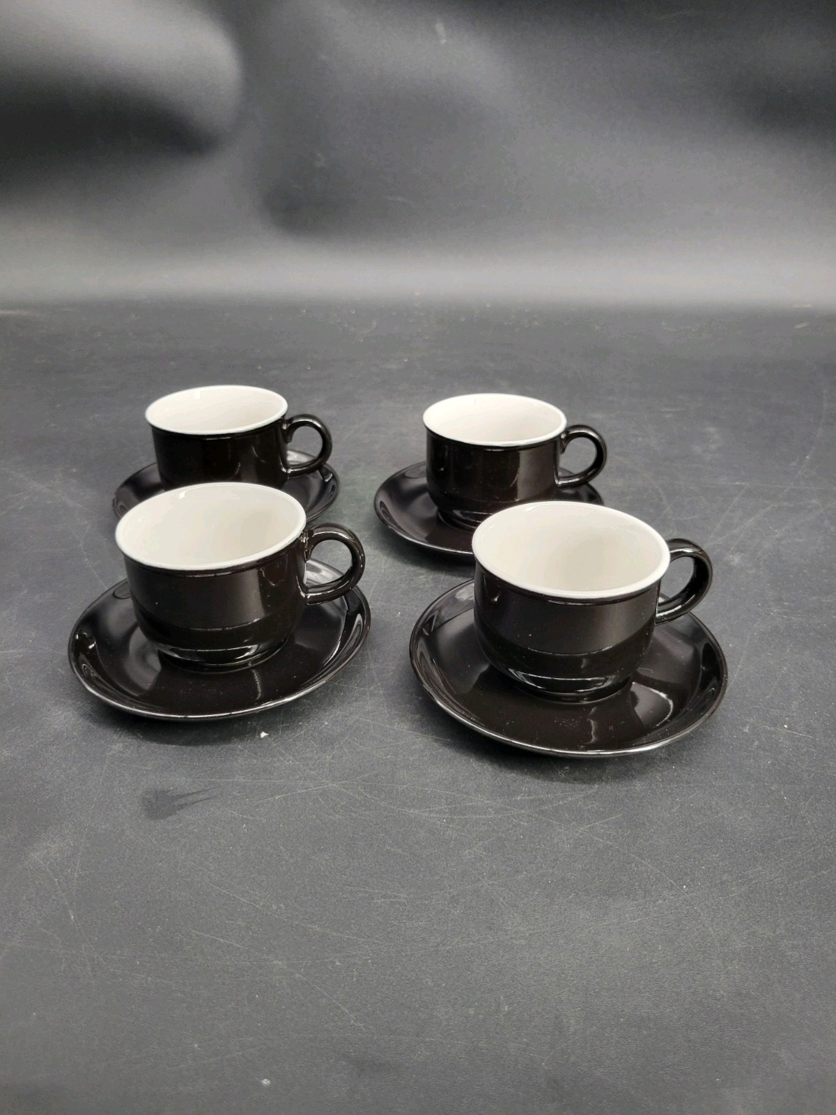 4 Black Glazed 2 1/8″ Teacup/Coffee Cup w/ Four 5″ Saucer Sets 8-Pieces Total