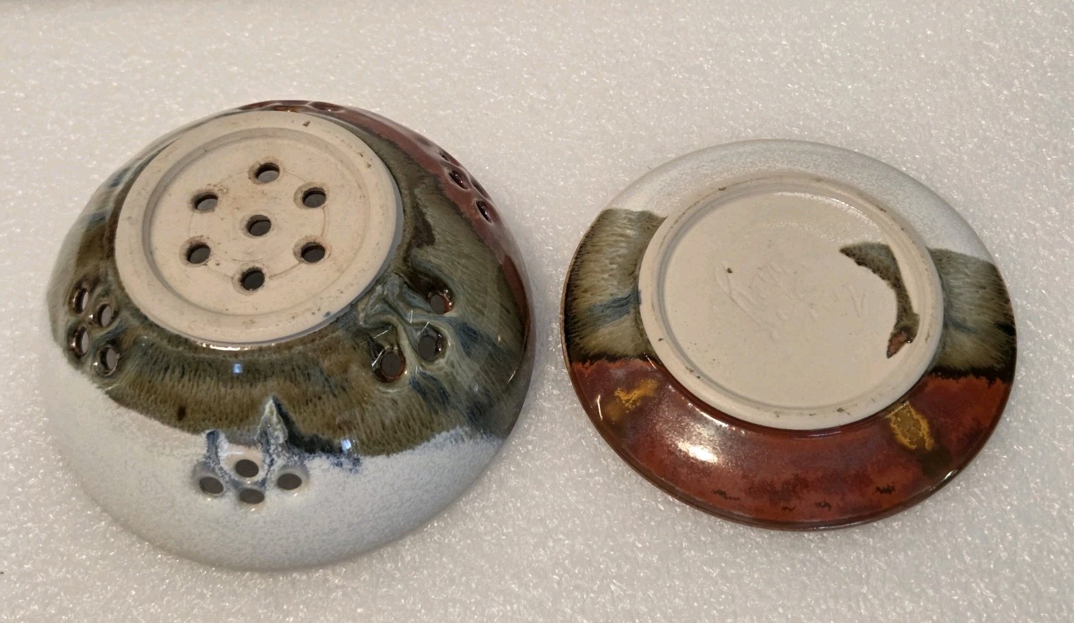Hand Thrown Pottery Earth Tones Colander Berry Bowl Strainer & Under Plate 5.5″