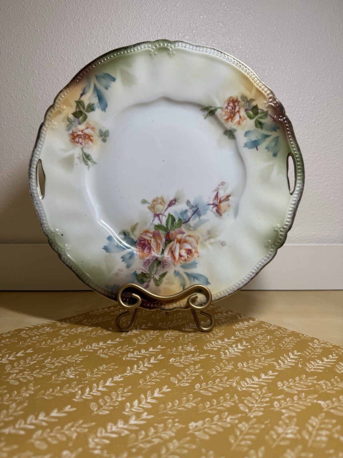 RS Prussia Handled Cake Plate Pierced Handles Scalloped Edge Beaded Trim