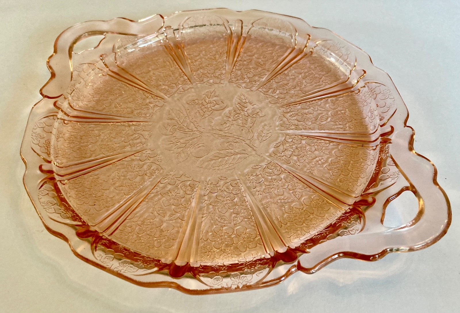 Jeannette CHERRY BLOSSOM Handle Cake Plate PINK Depression Glass 12 1/2″ Vtg USA
