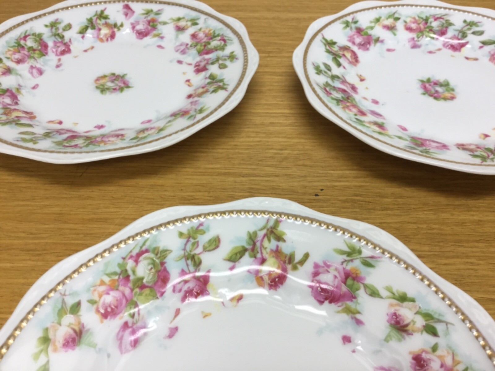 5 Atq. SILESIA Porcelain Roses 6 1/4” Scalloped Bread Plates w/Gold Beaded Trim