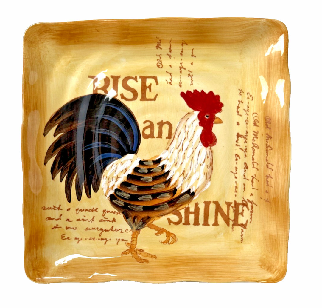 Rise and Shine Rooster Square Ceramic Kitchen Dinner Plate 8.75”x 8.75″ Chicken