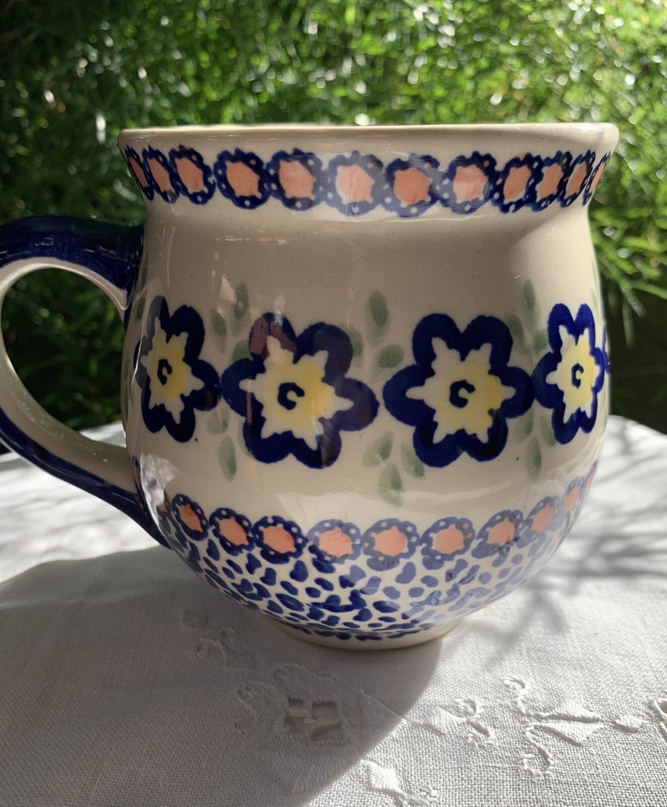 LARGE Boleslawiec Polish Pottery Bubble Mug Floral Artist Signed Blue 18 Oz NEW