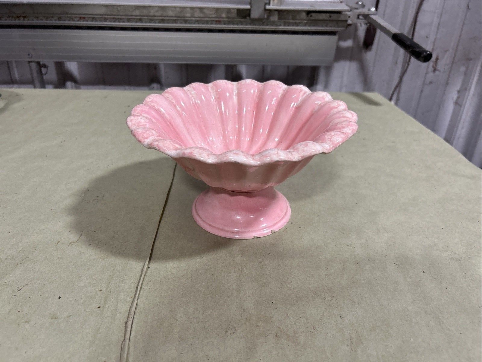 Scalloped Pink And White Pedestal Bowl 8 1/2 Inches At The Top