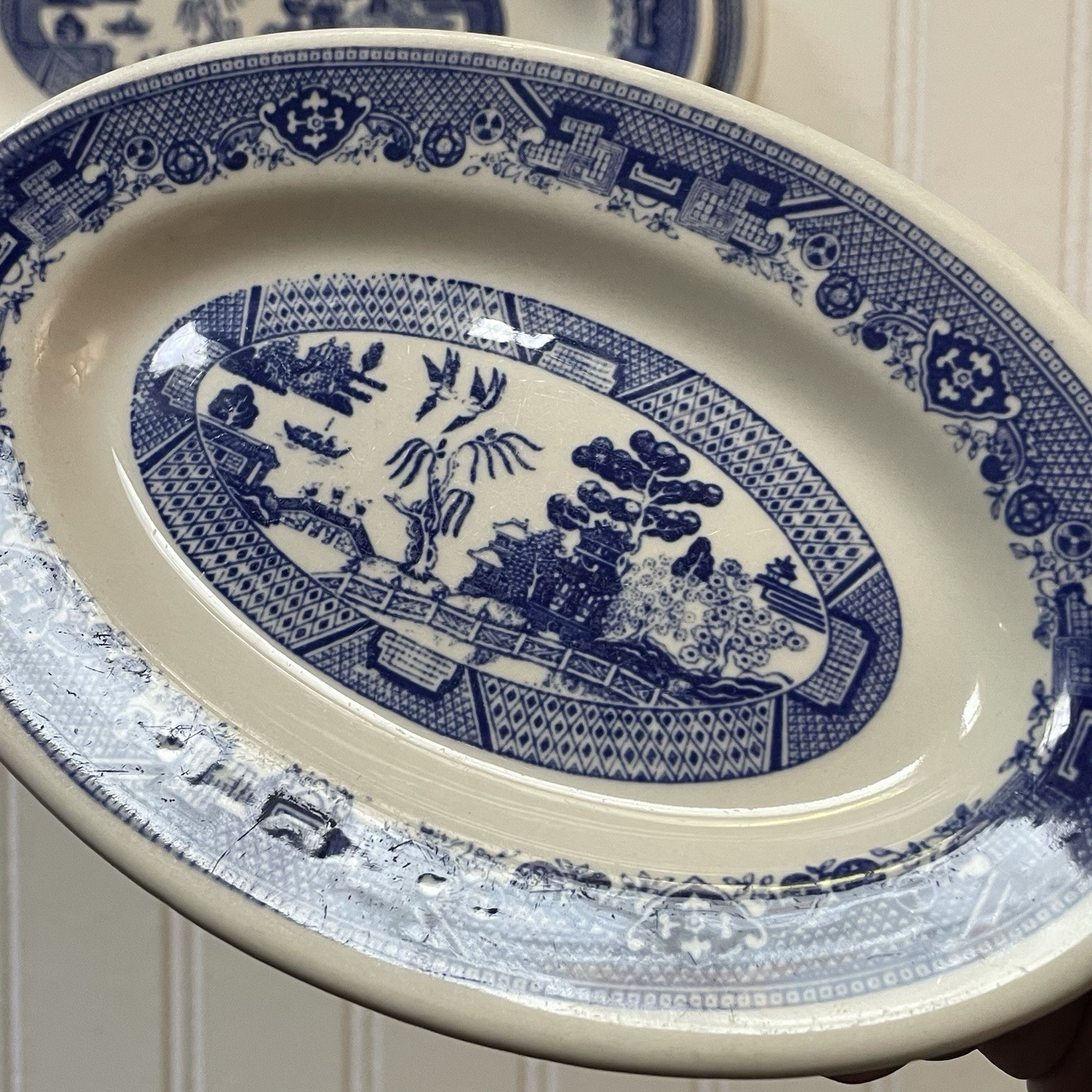 Vtg Buffalo China Blue Willow Restaurant Ware Oval Platter Set 3 Serving Plates
