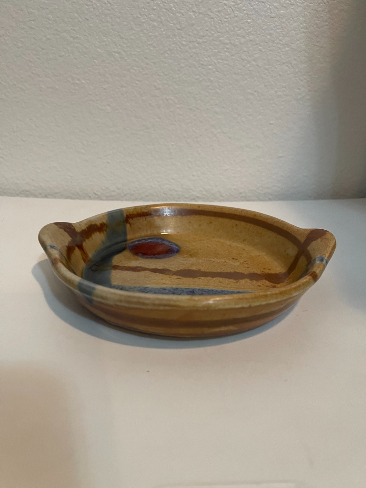 Vintage SIGNED WALT GLASS Studio Pottery Double HANDLED Dish Bowl- 6.5in x 7.2in