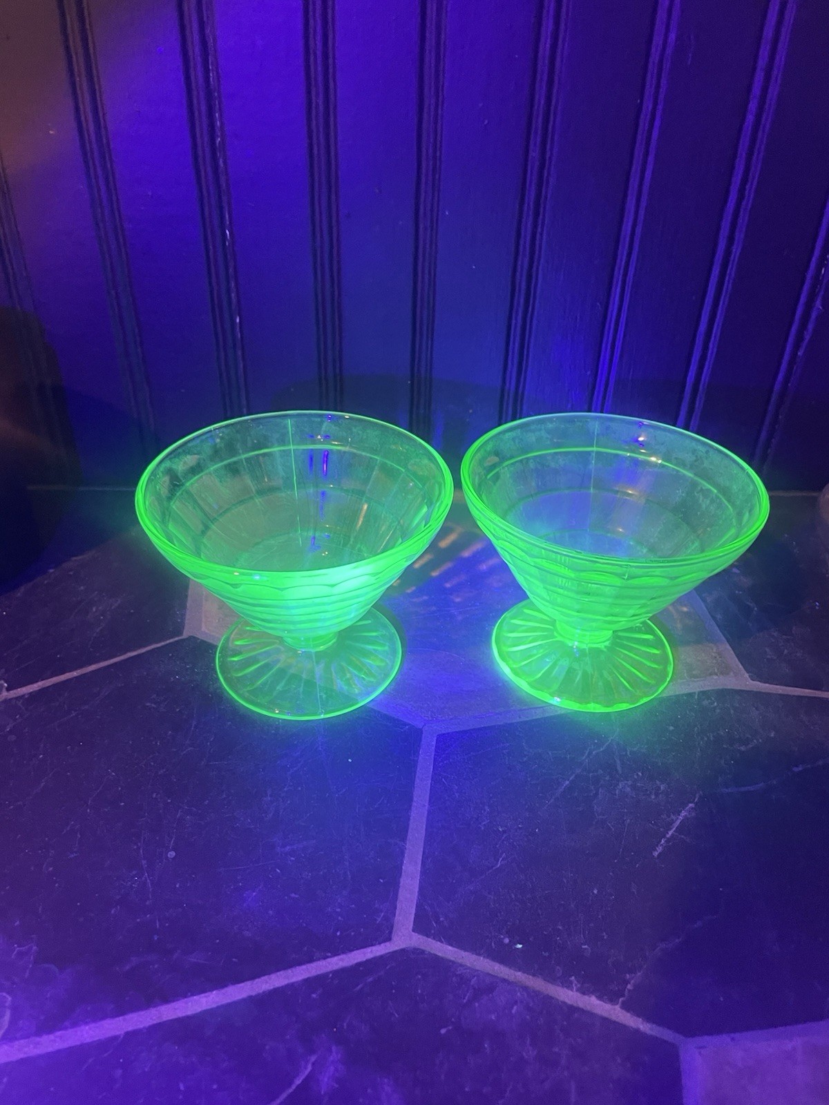 anchor hocking block optic uranium glass Set Of Two Sherbet Dessert Cups