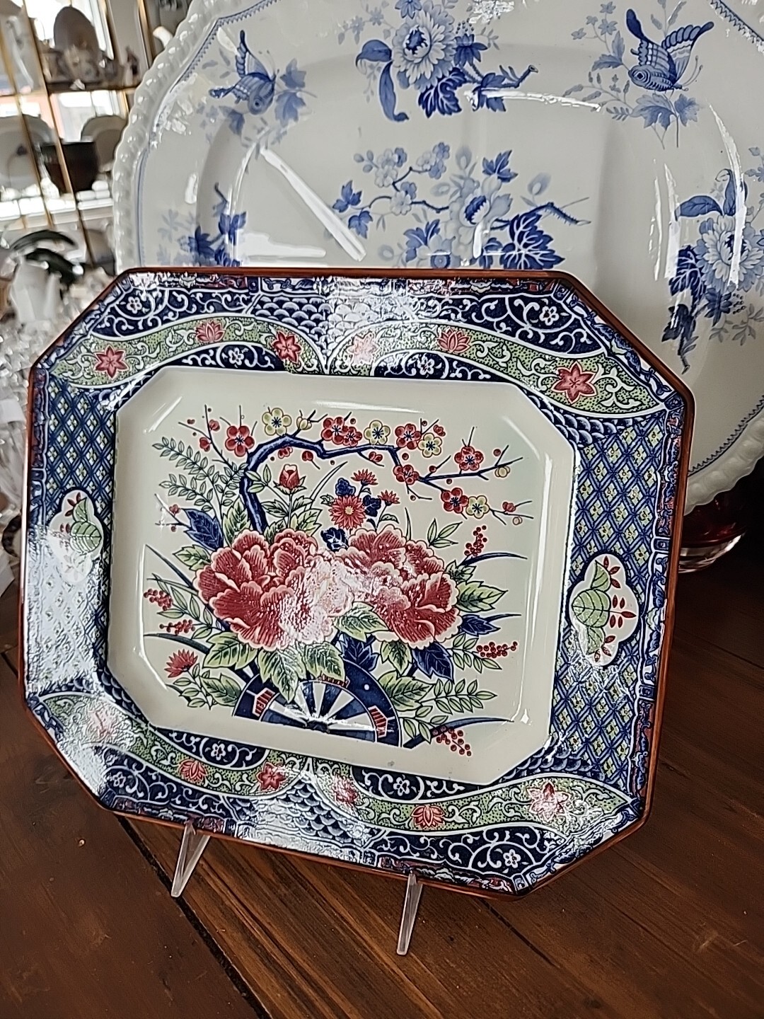 Blue Transferware Polychrome 13.5″ × 11.3/4″ Platter Florals