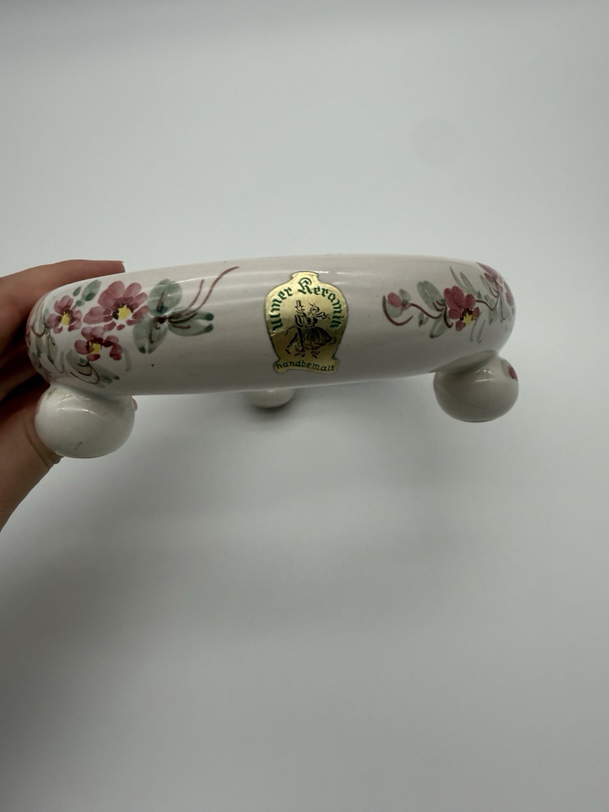 VTG Pansy Ring Vase Hand Painted Flower Frog Germany White Pink Green Floral