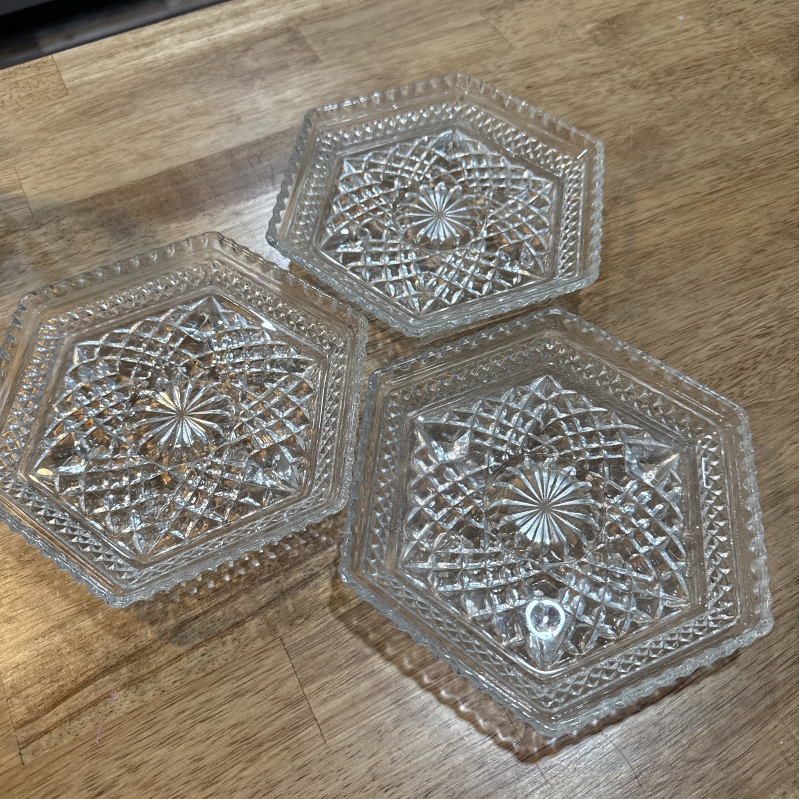 Anchor Hocking Wexford Diamond Glass Footed Hexagonal Shaped Dish Set of 3 ~1963