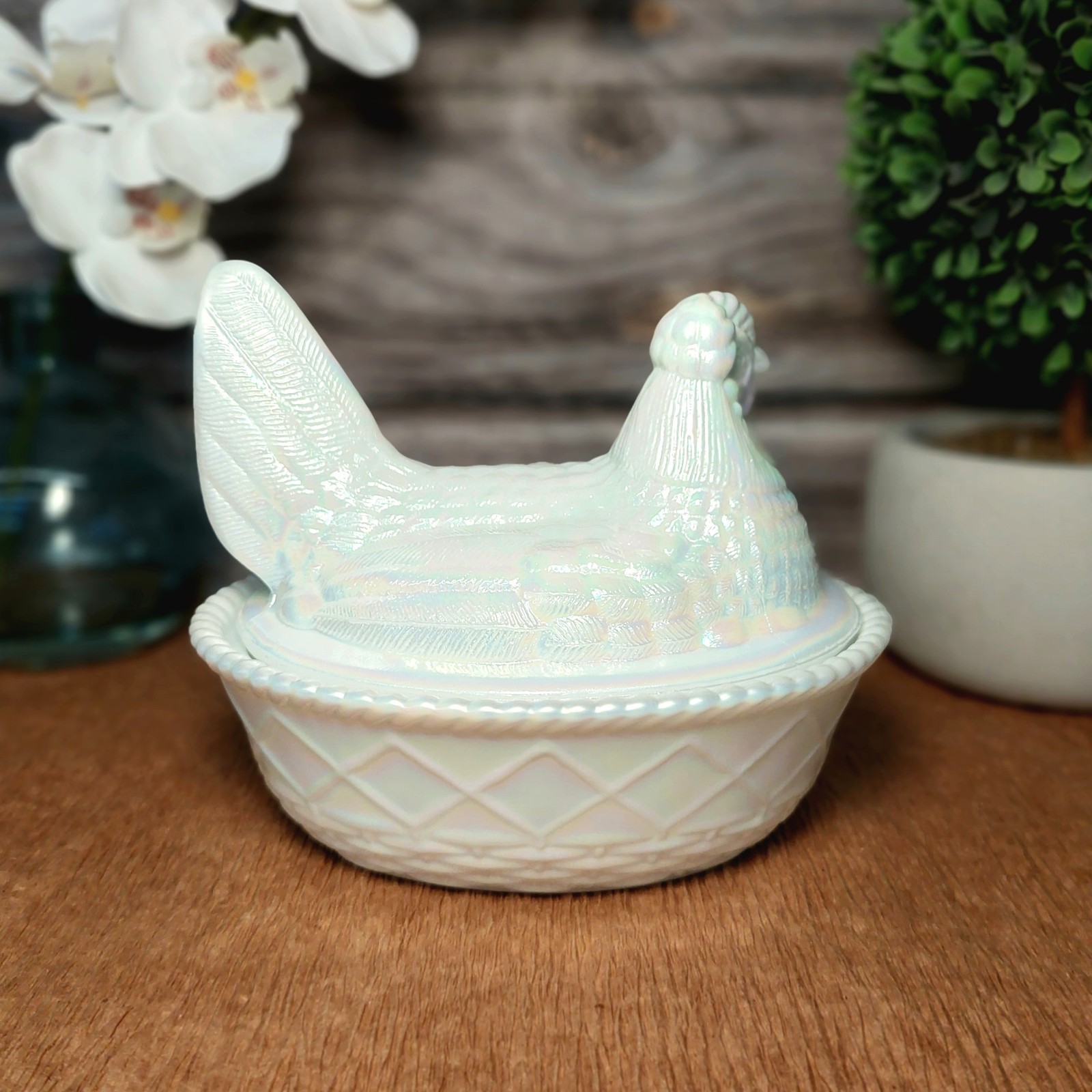 Pearl Carnival Glass Hen on Nest Chicken Candy Dish, Depression Style, VTG Decor