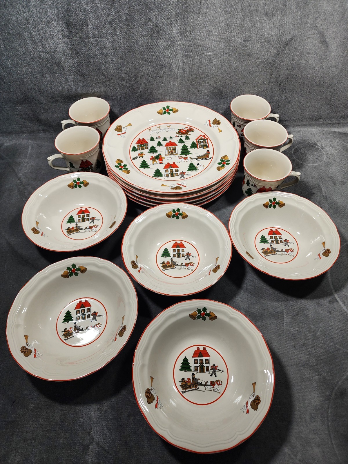 Vtg Jamestown China Action THE JOY OF CHRISTMAS Dinner Plates/Bowls/Cups/15 pcs