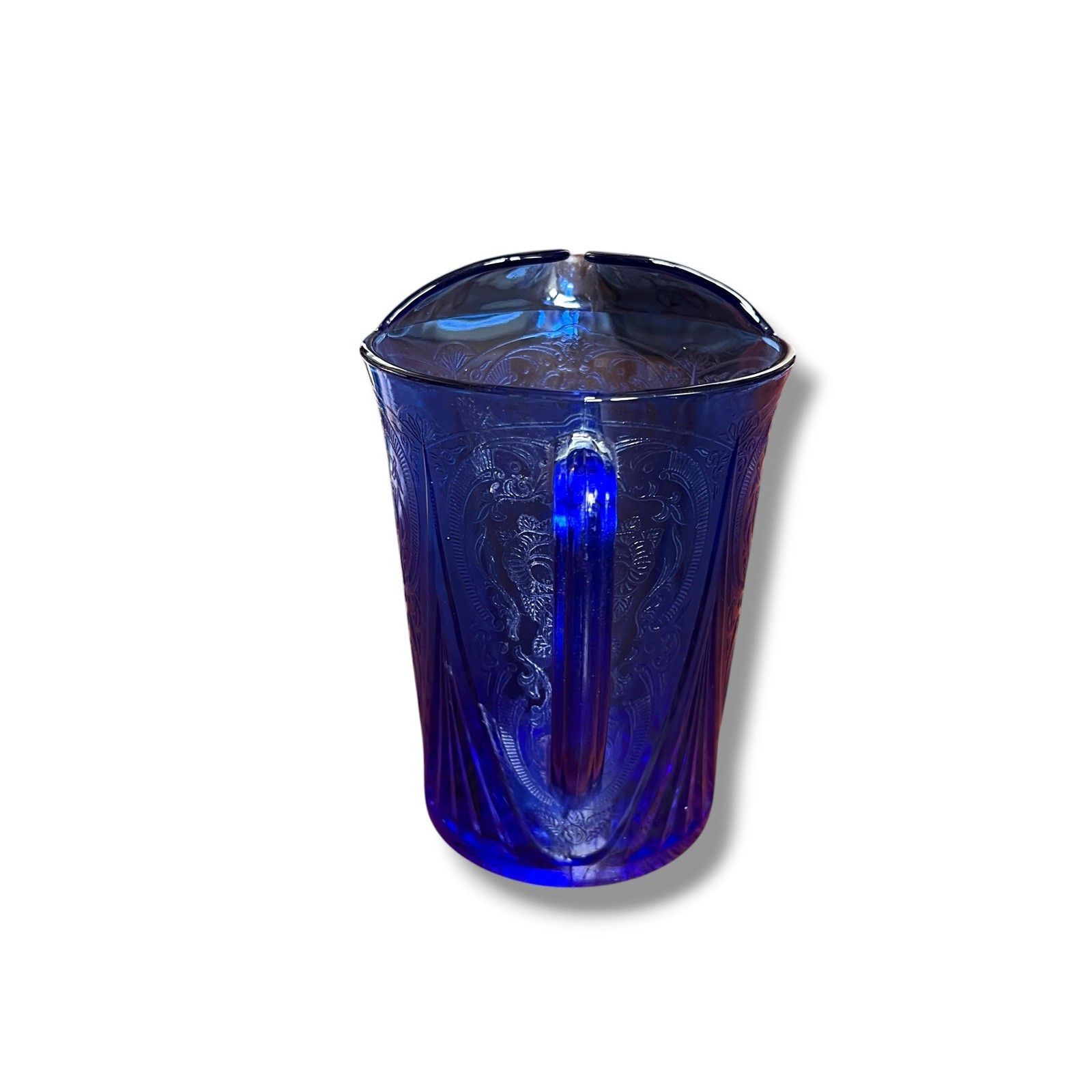 1930s Hazel Atlas Royal Lace Cobalt Blue Depression Glass Pitcher 7 1/2” Tall