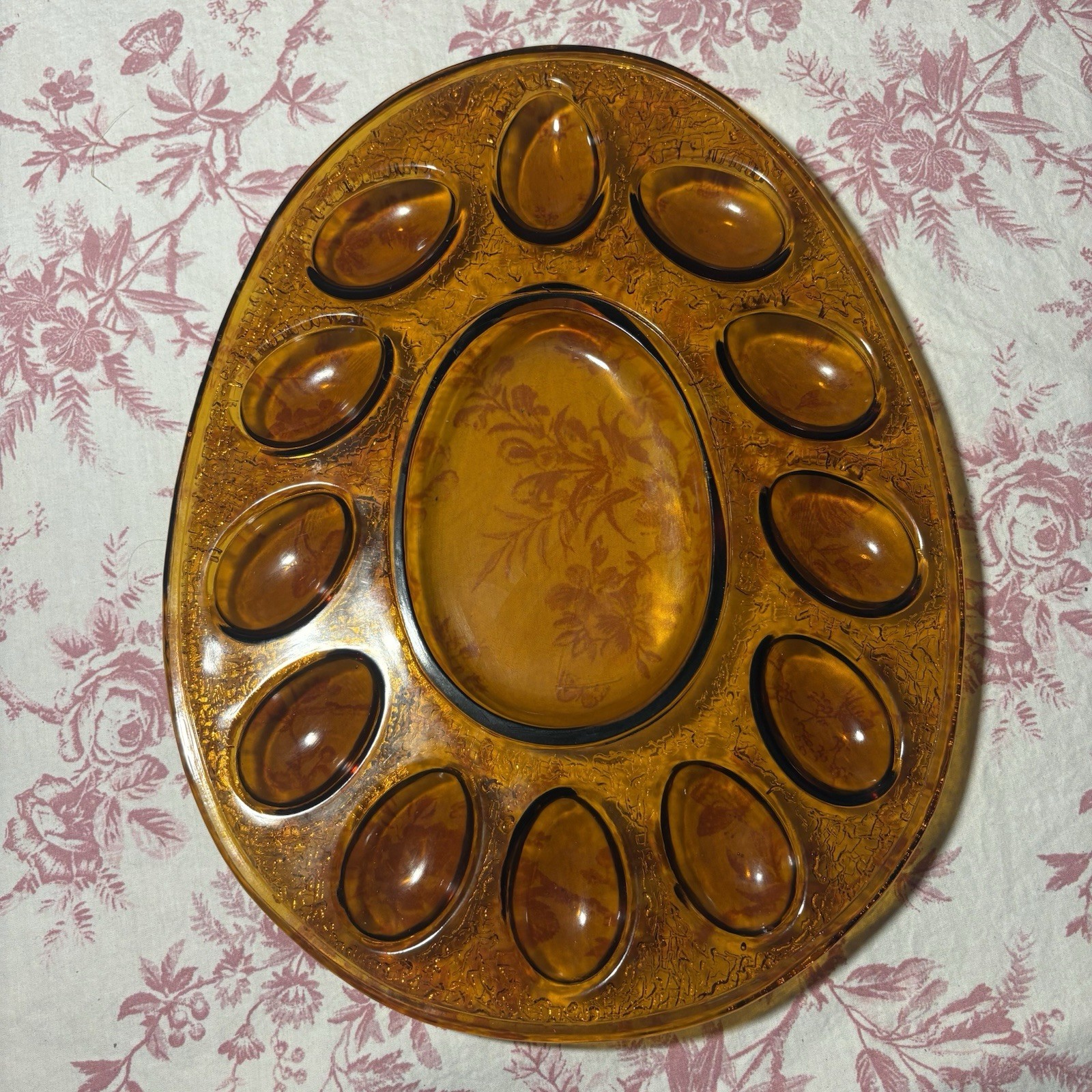 Vintage LE Smith Amber Glass Hen On Nest Chicken Deviled Egg Plate Rare HTF