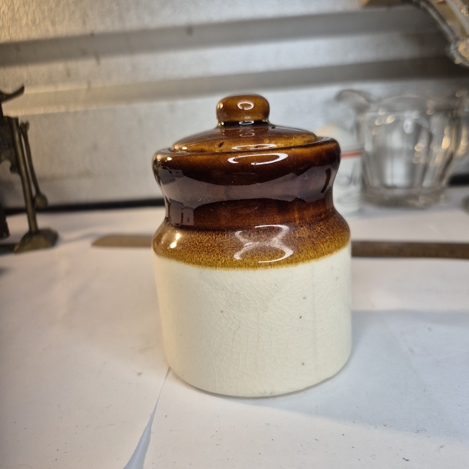 Vtg Brown Drip Glaze Stoneware Lidded Jar Small Crock Sugar Bowl Farmhouse BX01