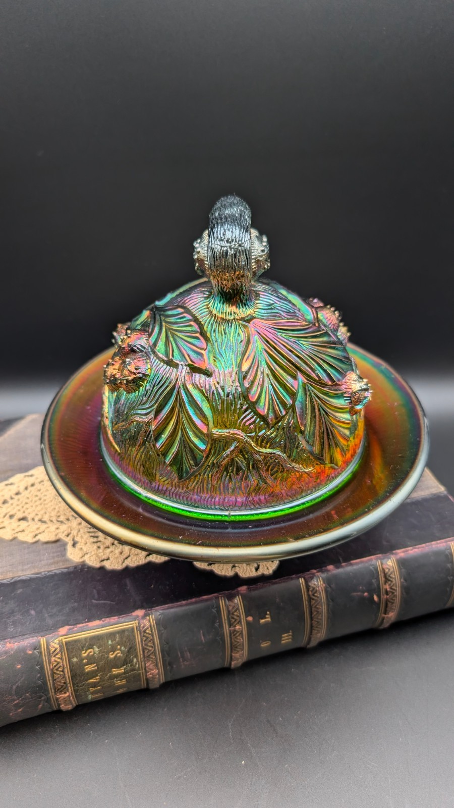 Antique Northwood Acorn Burrs Amethyst Carnival Glass Covered Butter Dish Signed