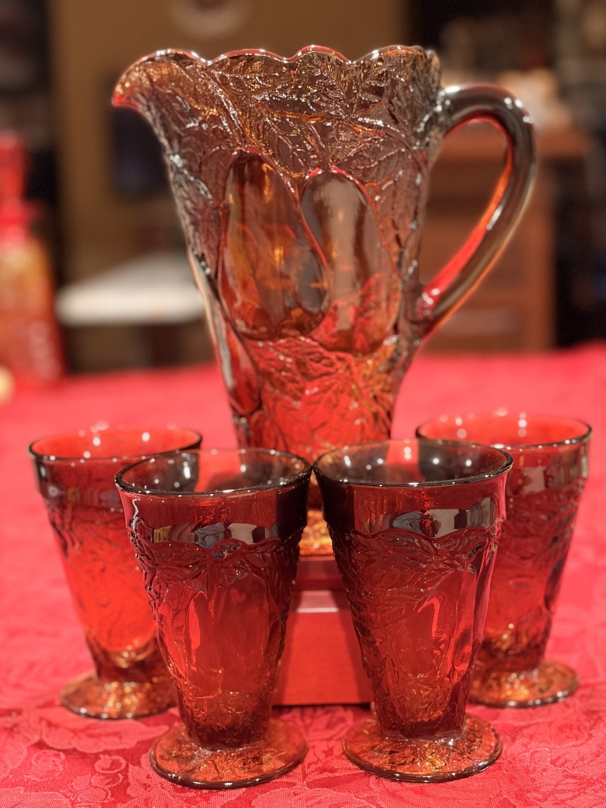 Vtg Tiara Indiana Glass Sweet Pear Burnt Honey Ambrina Pitcher & Glass 5 pc Glow